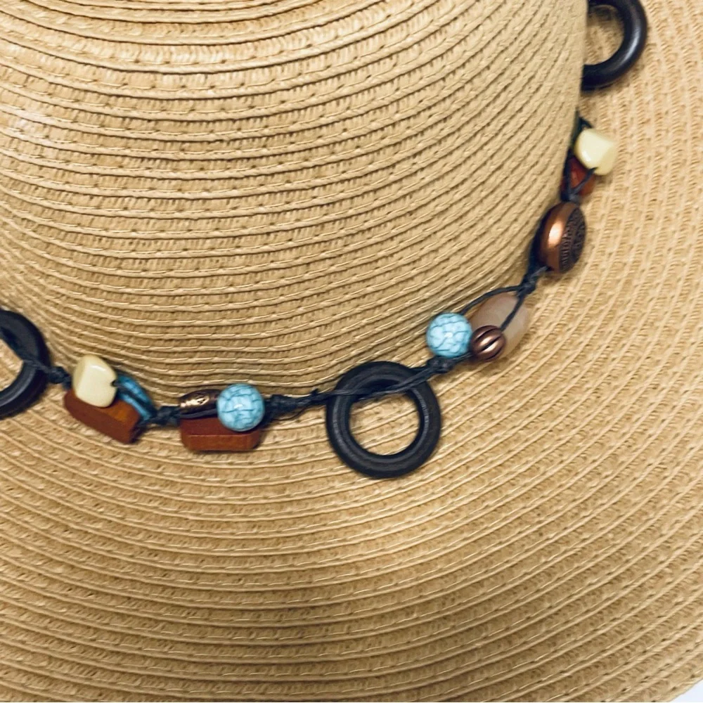 Royal Resortwear woven beaded turquoise and wood leather lace Sun hat for Sumner